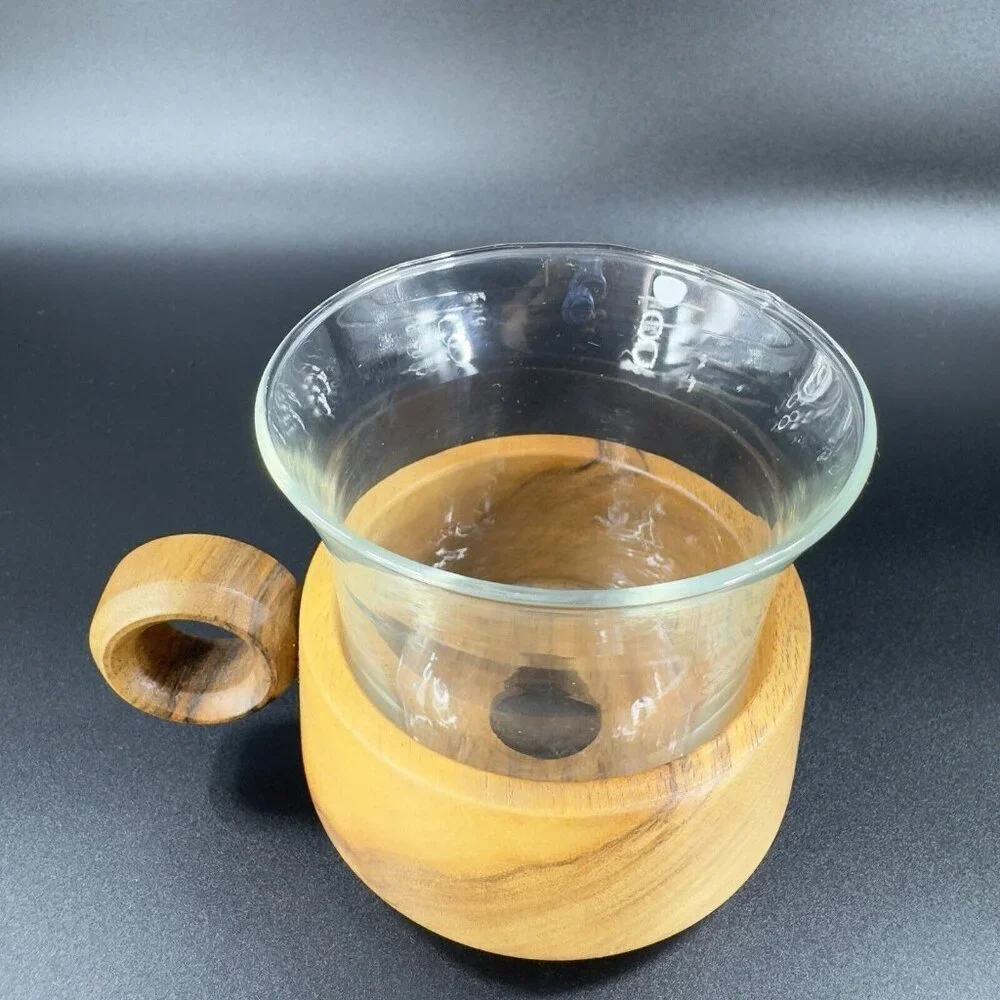 Vintage Jena Glass Mug with Wooden Holder Insert Set 3 Round Handle Wood Insert‎